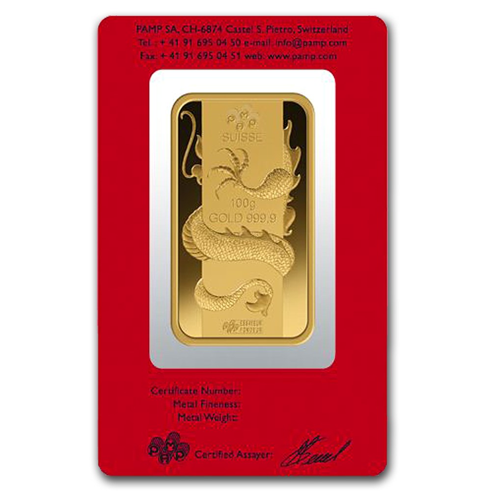 100 Grams Pamp Suisse Lunar Dragon Gold Bar in Assay Sleeve (Back)
