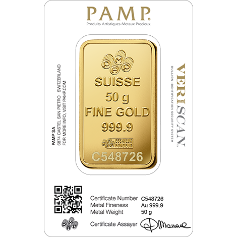 50 grams Pamp Suisse Gold Bar (Back)