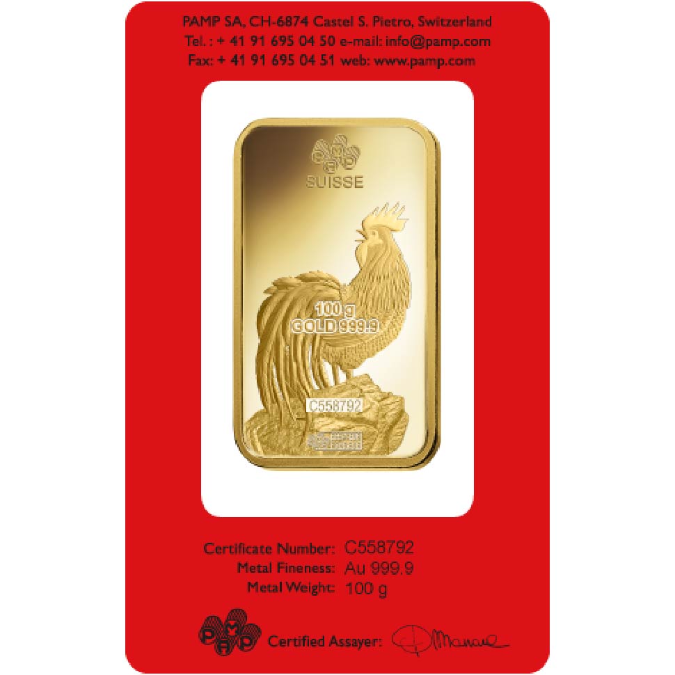 100g Pamp Suisse 2017 Lunar Rooster Gold Bar (Back_B)