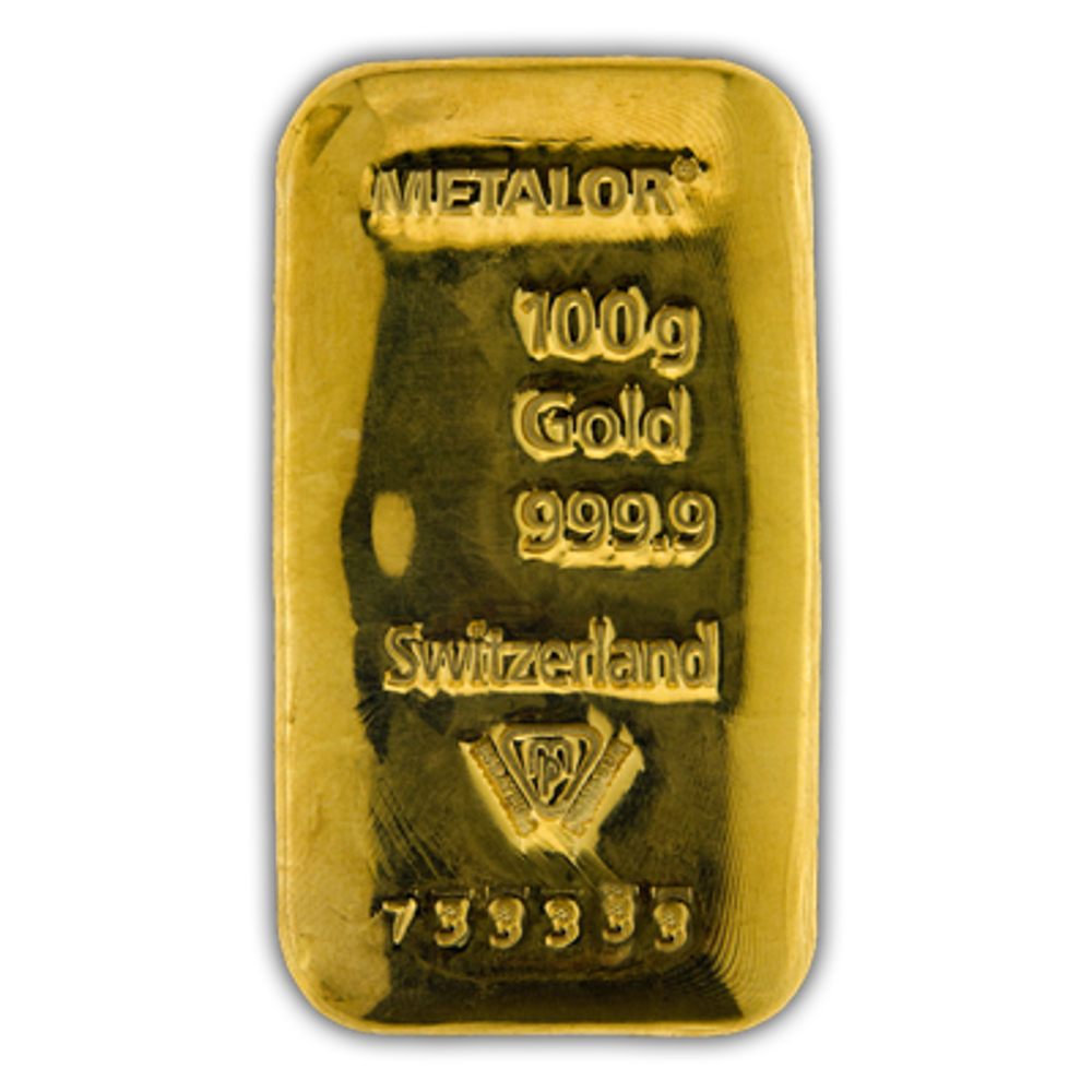 Metalor 100g Cast Gold Bar (Front)