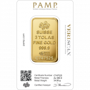 Pamp Suisse Gold Bar 3 Tolas (Back)