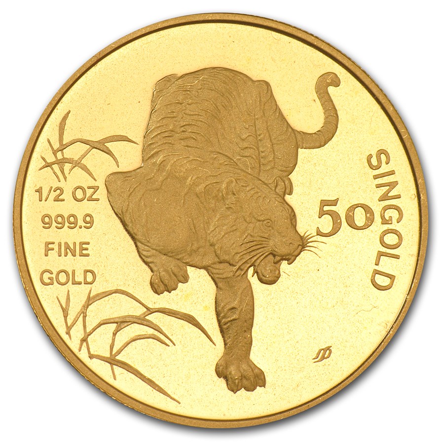 1986 Singapore Mint Year of the Tiger Proof Gold Coin 1_2oz_f