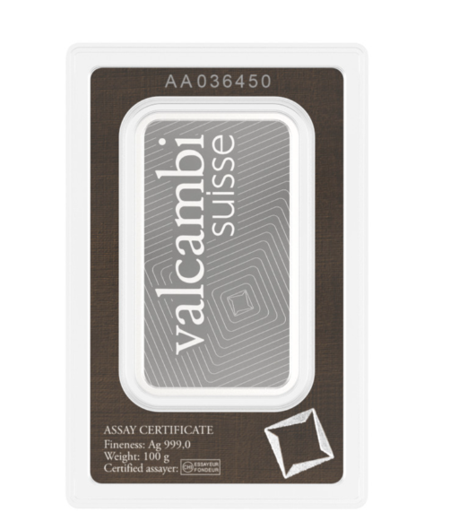 Valcambi Minted Silver Bar 100g back